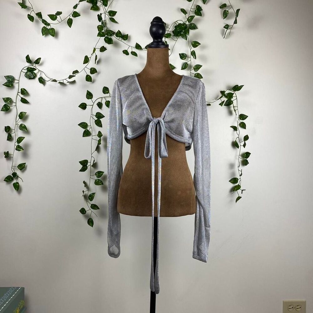 Silver bolero metallic semi-sheer mesh festival crop top flair sleeve tie shrug